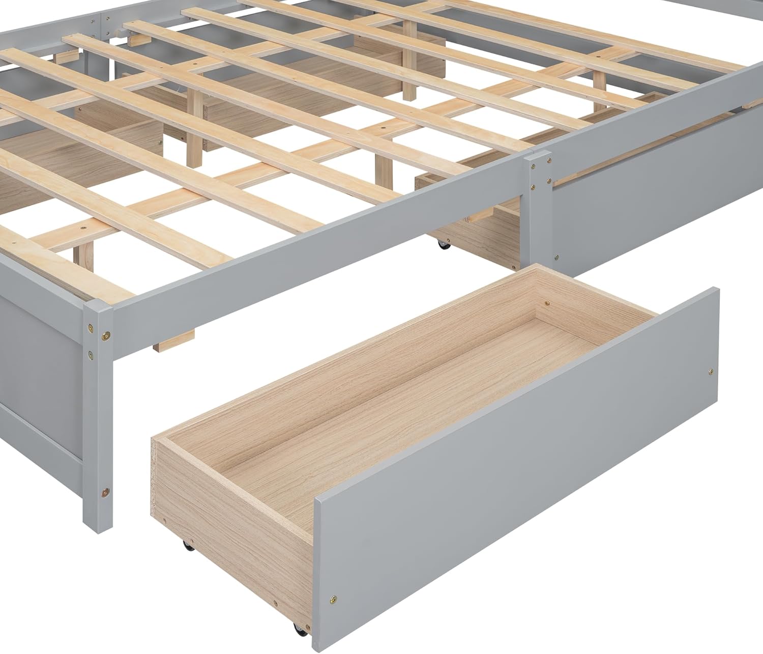 Queen Size Bed Frame, Wooden Platform Bedframe with Storage Headboard, 4 Drawers and Cabinets, No Box Spring Needed, Gray