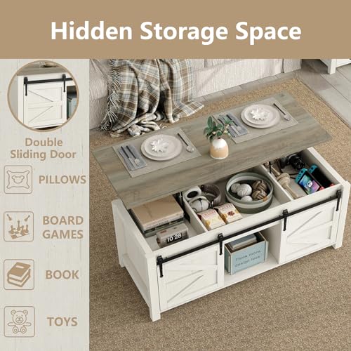 Lift Top Coffee Table with Storage, 47.3'' White Farmhouse Center Table with Sliding Ironmesh Doors, Rustic Brown Top Rectangular Coffee Table for Living Room