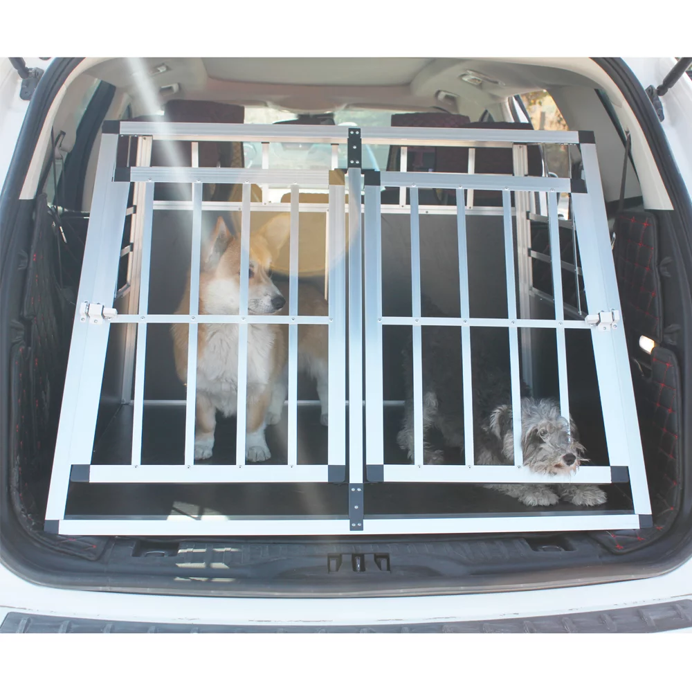 Double Doors Pet Car Transport Cage, Aluminium Puppy Travel Crate Box, Trapezoidal Kennel Dog Cat Carrier Cage