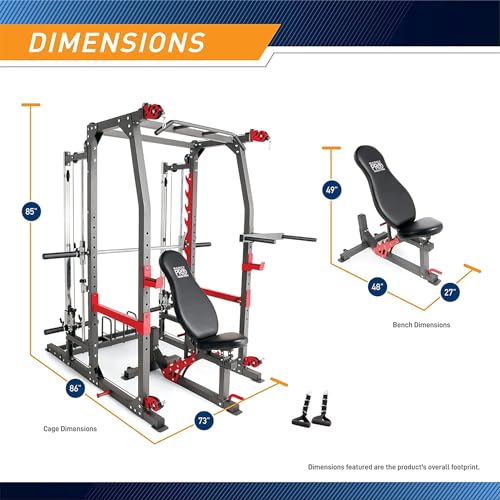 Marcy 3 in 1 Smith Machine Home Gym System with Upper and Lower Dual Cable Crossovers and Adjustable Bench for Full Body Training, Black