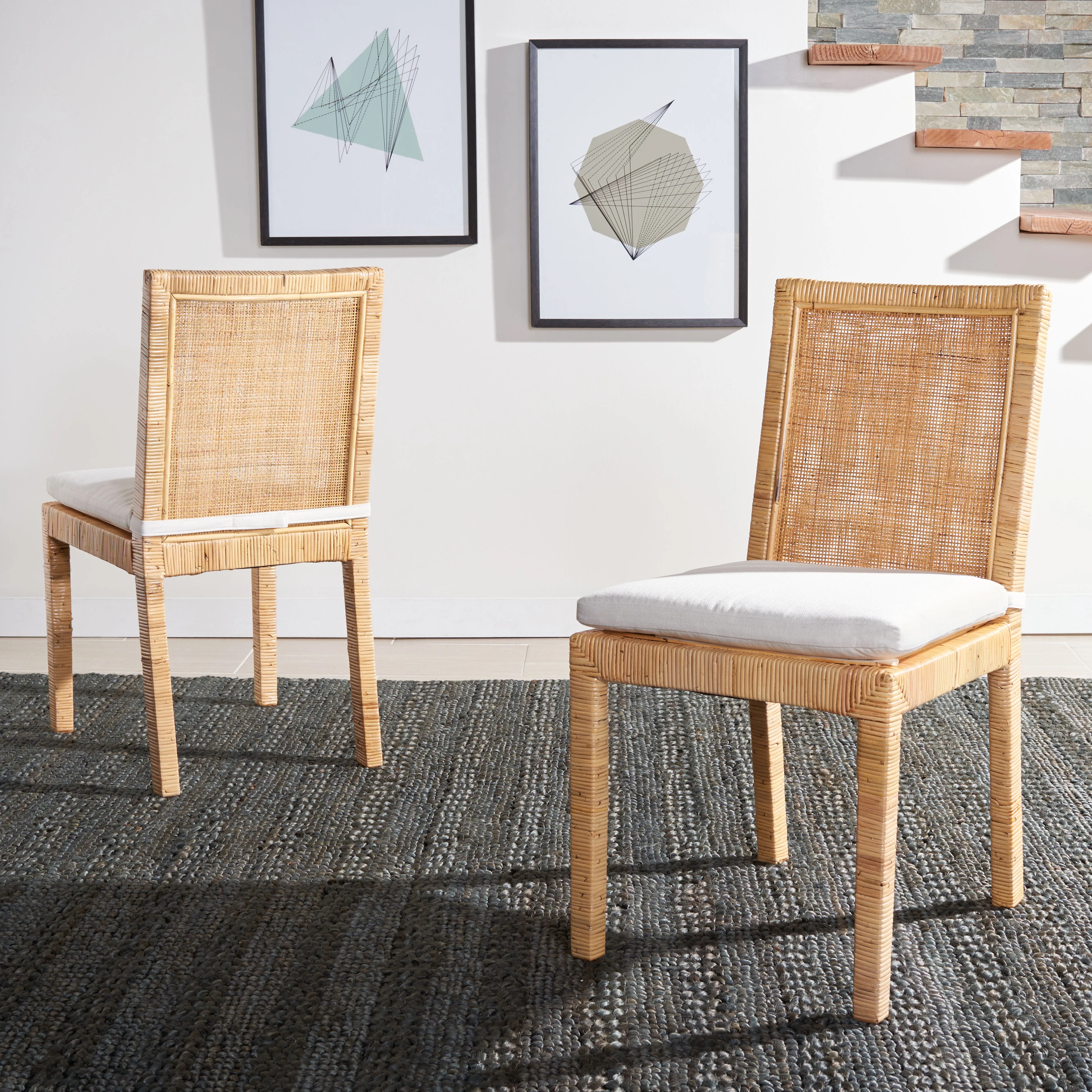 SAFAVIEH Tojo Cane Dining Chair with Cushion, Natural/White, Set of 2