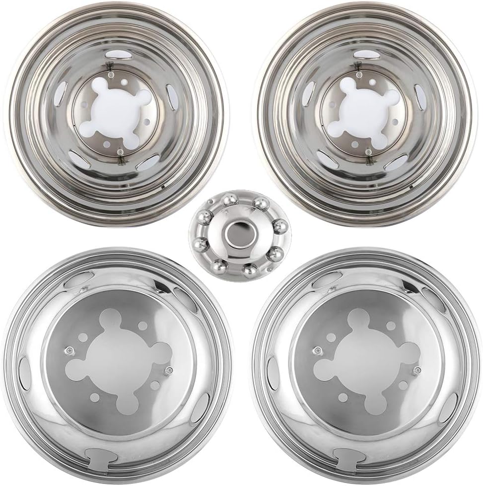 Deebior 4pcs 17inch Polished Stainless Steel Dually Wheel Simulators, Nice looking and Durable Bolt On Wheel Cover, 8 Lug 4 Hand Hole Hubcaps Fit for 2005-2021 Ford F350 with Installation Tool Kit A8P