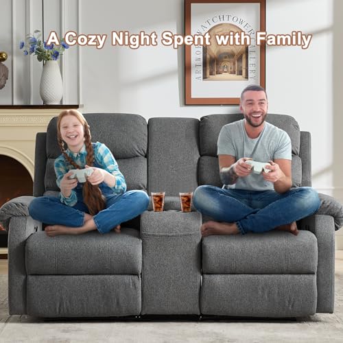 Reclining Loveseat, Manual Loveseat Recliner Sofa, RV Theater Seating with Storage Console, Double Wall Hugger Recliners 2 Seater with Cup Holders for Living Room (Grey)