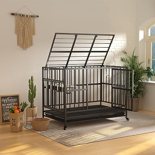 LOVMOR 48" Heavy Duty Dog Crate with Wheels/Unique Air Lift Rod / 360° & Adjustable 2 Bowls/Removable Dog Cage Tray Extra Large XL XXL Dog Crate