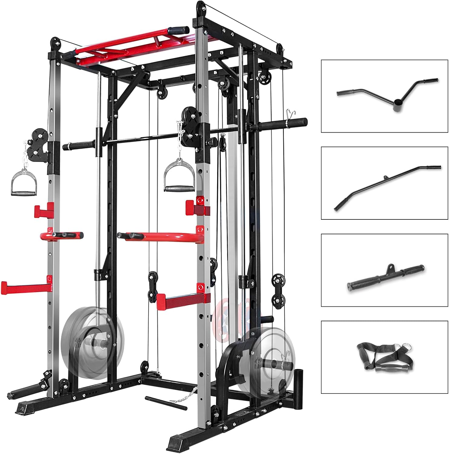 Mikolo Power Cage with LAT Pulldown System,1000LBS Capacity Power Rack, Multi-Functional Squat Rack with 13-Level Adjustable Height and J-Hooks, Dip Bars, T-Bar (2022 Version)