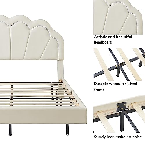 SOFTSEA 2-Pieces Full Bedroom Sets, 2 Pieces Furniture Bedroom Sets Include Full Size Upholstered LED Platform Bed and Storage Ottoman-Velvet, Beige