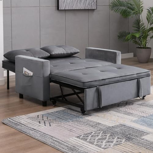 Loveseat Pull Out Couch,2 in 1 Upholstered Convertible Folding Sofa Bed,Small Futon Sofa Bed,Pull Out Sleeper Sofa Couches with Storage Pocket for Small Spaces,Living Room,Apartment(Dark Grey)