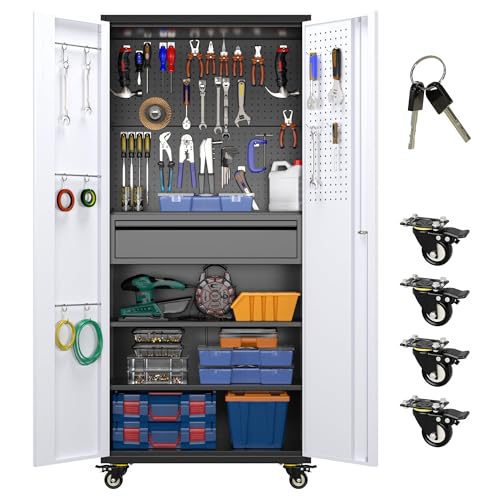 Aobabo Garage Storage Cabinet with Wheels,72" H Metal Storage Cabinet with 2 Doors and 4 Adjustable Shelves for Garage Home, Black,Required-Assembly