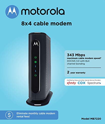 MOTOROLA 8x4 Cable Modem, Model MB7220, 343 Mbps DOCSIS 3.0, Certified by Comcast XFINITY, Time Warner Cable, Cox, BrightHouse, and More (No Wireless)