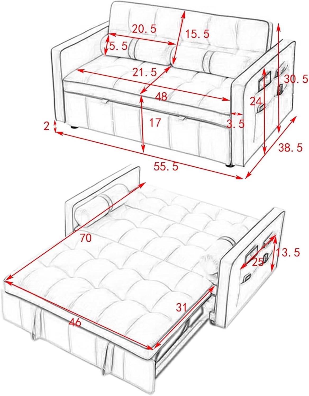Modern 55.5" Pull Out Sleep Sofa Bed 2 Seater Loveseats Sofa Couch with Side Pockets, Adjsutable Backrest and Lumbar Pillows for Apartment Office Living Room, Beige
