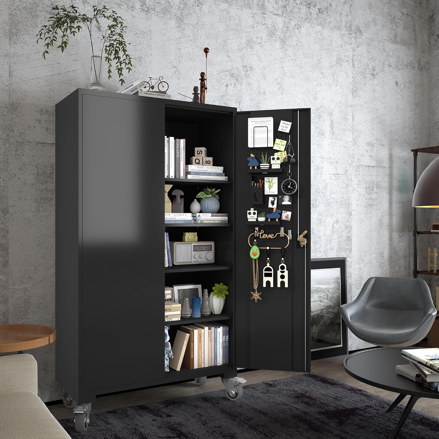 1-Wide 39.37 Inch & Depth 19.69 Inch Metal Storage Cabinet 72 Inch Black Lockable Garage Cabinet with Wheels Heavy-Duty Steel Cabinet with Doors & 4 Adjustable Shelves for Home, Office,Black