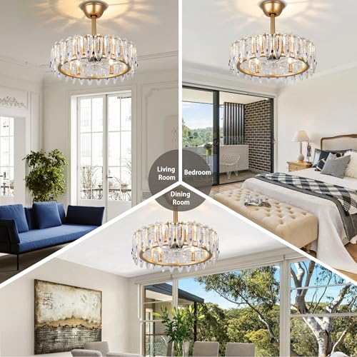 CXGLEAMING 42″ Modern Crystal Chandelier Fan with Lights Dimmable Crystal Ceiling Fans 3 Rings LED Fandelier, 6-Speed Flush Mount Ceiling Fan for Living Room Bedroom