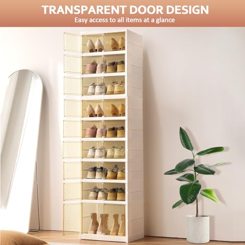 Portable Shoe Rack Organizer 6 Tier 24 Pairs Foldable Shoe Box with Doors, Large Folding Cabinet Bins.Stackable Plastic Shoe Box, Storage Shoe Cabinet for Hallway, Living Room, Closet