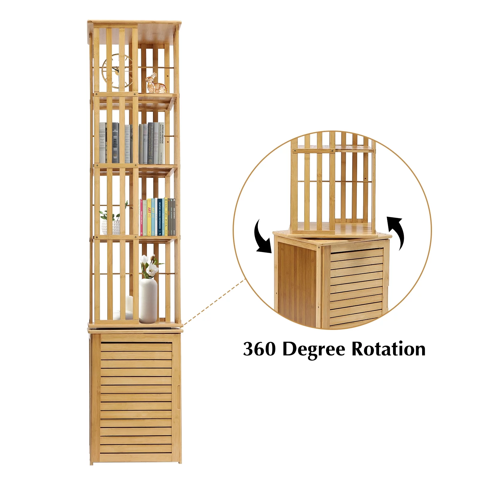 ZhdnBhnos 6 Tier 360° Rotating Corner Bookshelf Floor Standing Revolving Bookcase Bamboo Storage Rack Narrow Book Shelf Organizer for Bedroom, Living Room, Study Room