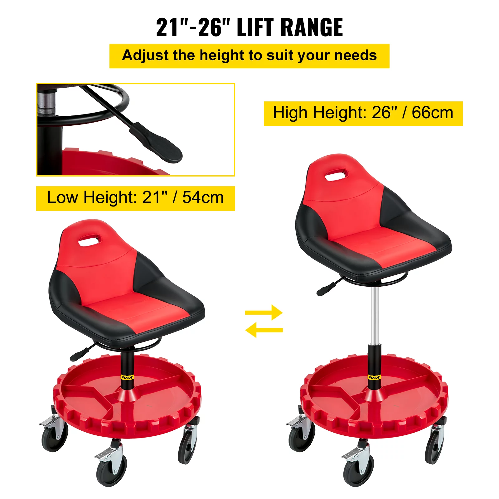 VEVOR Rolling Garage Stool, 300lbs Capacity, Adjustable Height from 21 in to 26 in, Mechanic Seat with 360-degree Swivel Wheels and Tool Tray, for Workshop, Auto Repair Shop, Red