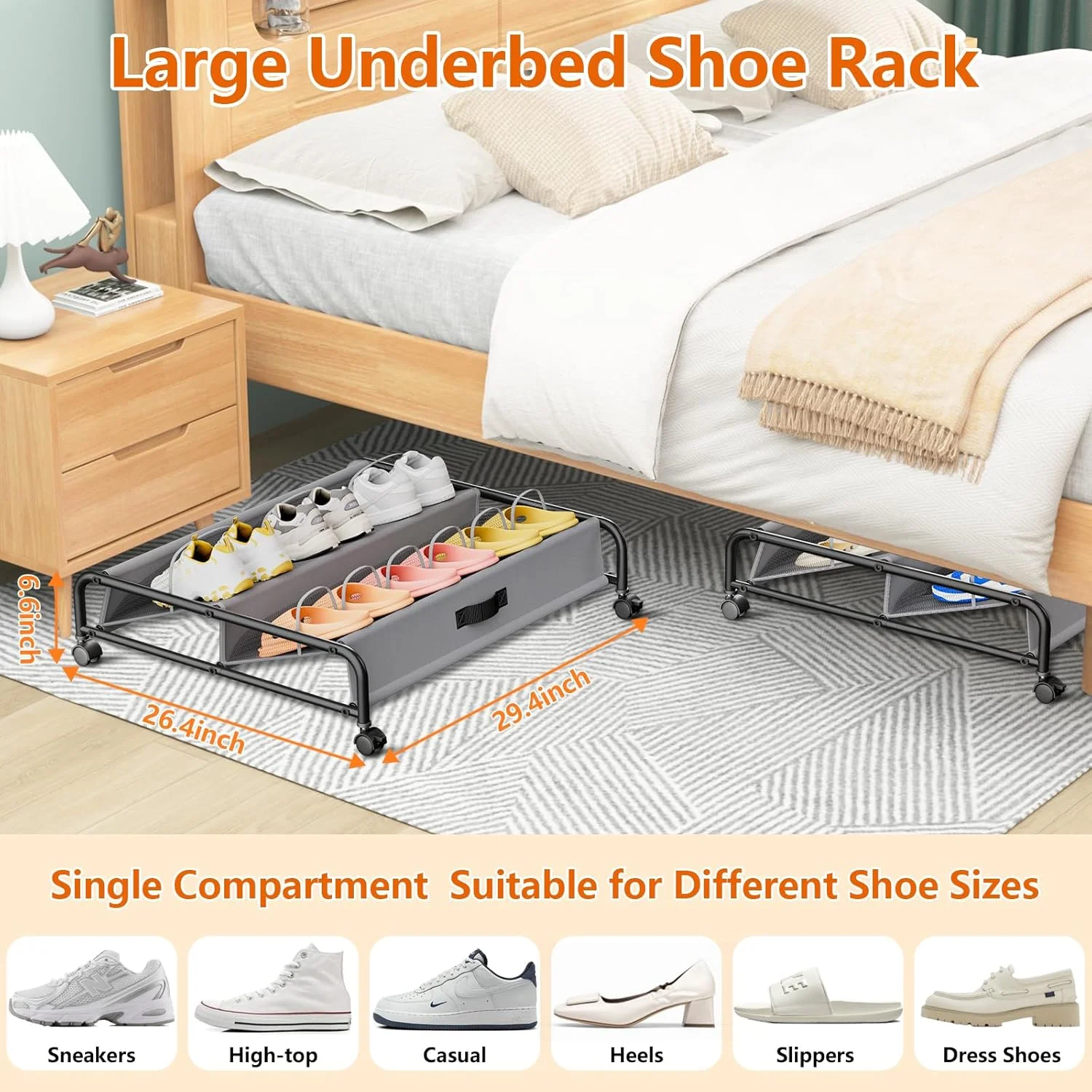 Under Bed Shoe Storage with Wheels, 2 Pack Rolling Under Bed Storage Containers for Shoes with Breathable Mesh Pockets, Metal Underbed Shoe Rack Organizer Bedroom Organization