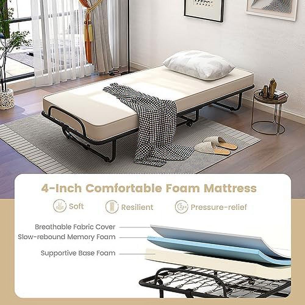 NLIBOOMLife Rollaway Folding Bed with 4 Inch Mattress for Adults  Foldable Portable Guest Bed with Memory Foam Mattress &amp; Sturdy Metal Frame  Cot Size Fold up Bed on Wheels  Easy to S