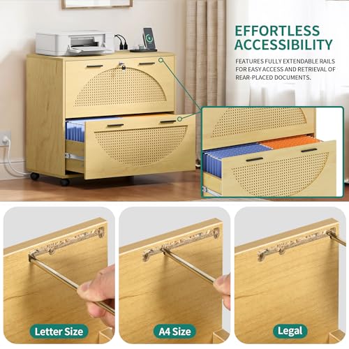 YITAHOME 2 Drawer File Cabinet with Charging Station, Rattan Filing Cabinet with Lock, Wood File Cabinet with Wheels, Home Office Furniture Fits A4, Letter, Legal Size Files