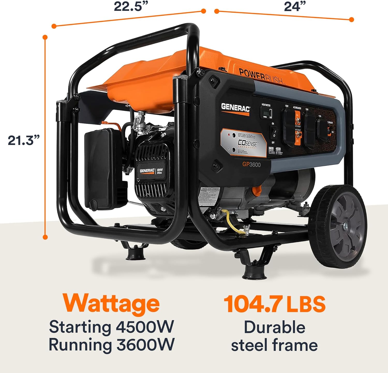 Generac 7678 GP3600 3,600-Watt Portable Generator 50-State / CARB Compliant for Reliable Power Anywhere, 24" W x 22.5" D x 21.3 H, Orange/Black