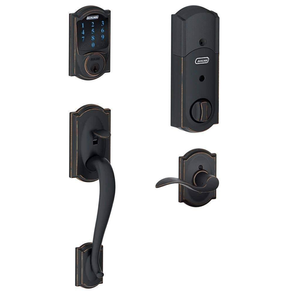 Schlage Camelot Aged Bronze Touchscreen Deadbolt with Alarm and Handleset with Accent Interior Lever