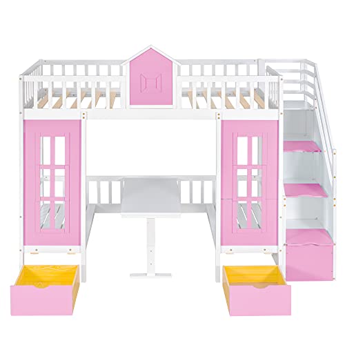 Twin Castle Style Bunk Bed with Slide, Twin-Over-Twin Bunk Bed with 2 Drawers and 3 Shelves, Storage Staircase, Save-Space Solid Wood Bunk Bed Frame for Teens (Pink-Twin-Castle Style)