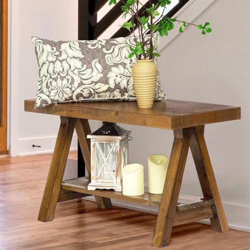Wnutrees 43" Farmhouse Wood Bench, Long Rustic Indoor Storage Bench for Entryway, Living Room, Dining Room, Solid Wood Construction, Original Wood