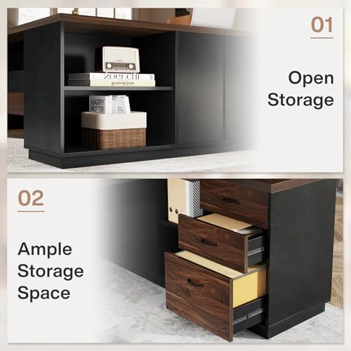 Tribesigns L-Shaped Executive Desk, 78" Modern Office Desk with Drawers and Lateral File Cabinet, Large Computer Desk with Storage Shelves, Workstation for Home Office (Walnut + Black)
