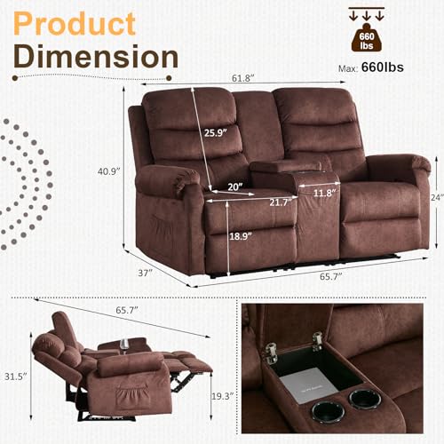 65.7" Manual Loveseat Recliner, Linen Fabric Home Theater Seating Recliner Chair with Storage Console, 2 Seater Reclining RV Sofa Chair for Living Room with Cup Holders (Grey-Linen)
