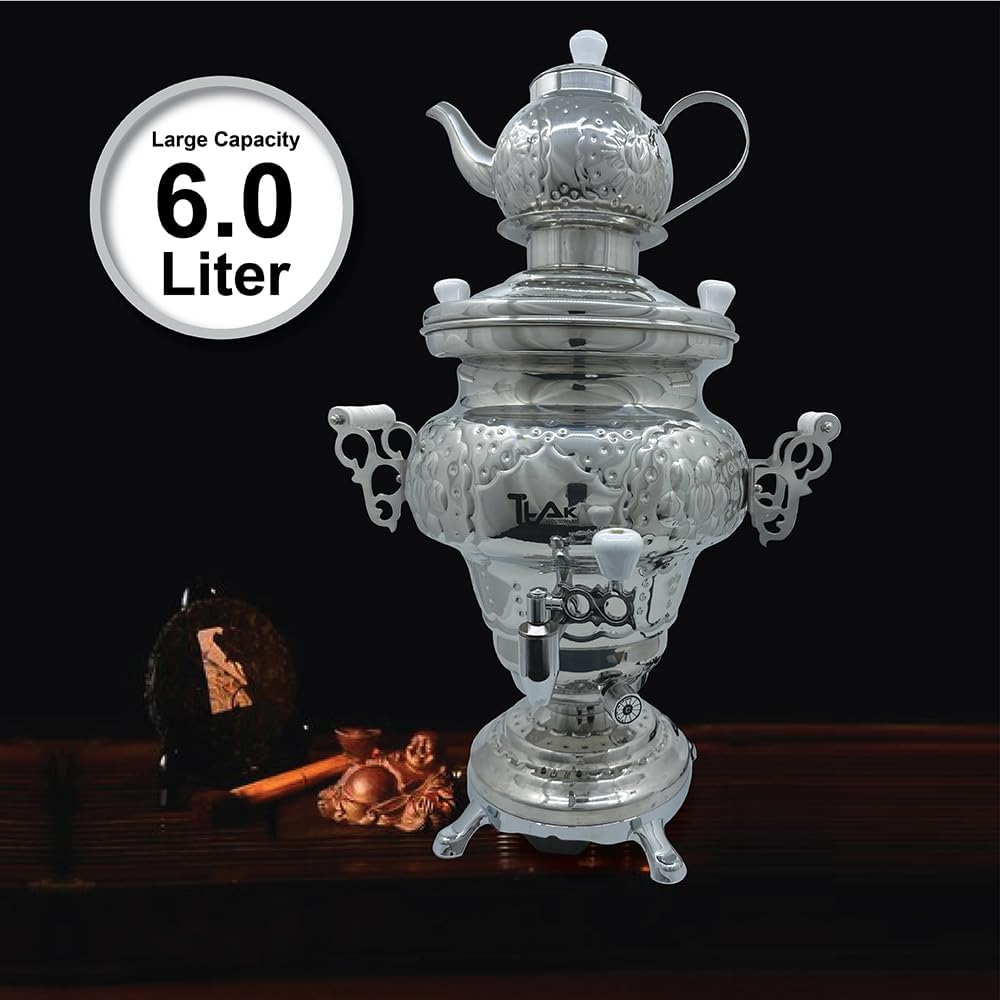 Electric Stainless Steel Samovar - Modern Traditional Design Tea Kettle Overheat Protection LED Temperature Stainless Pot (1 liter) Large Stainless Steel (5.0 Liters) Silver