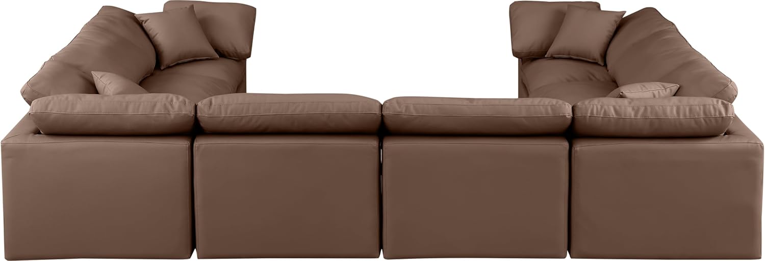 Meridian Furniture Indulge Collection Modern | Contemporary Sectional with Soft Durable Vegan Leather, Fiber-Filled Cushions, Modular, 140" W x 105" D x 32" H, Brown