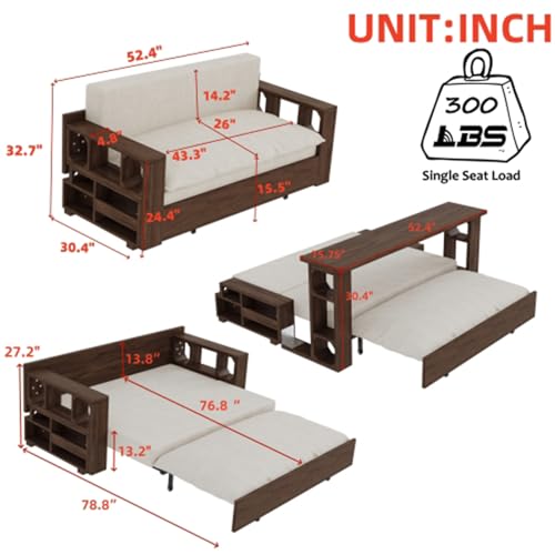 3 in 1 Convertible Sleeper Sofa Bed,Loveseat Couch with Pull Out Bed,Small 2 Seat Futon Sofa Bed Convertible Office Desk,Modular Sofa,Velvet,52.40'',Beige