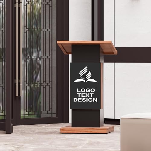 Customized Mobile Podium Stand-Personalized Logo& Text on Center Board, Portable Rolling Podium Business Wooden Lecture Podium Reception Desk Hostess Stand, Pulpit for Churches