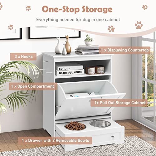 Dog Feeding Station Dog Food Storage Cabinet with 2 Raised Dog Bowls, Dog Food Storage Container, Pull Out Elevated Dog Bowls for Water and Feeding Supplies, Pet Toy Storage Organizer,White