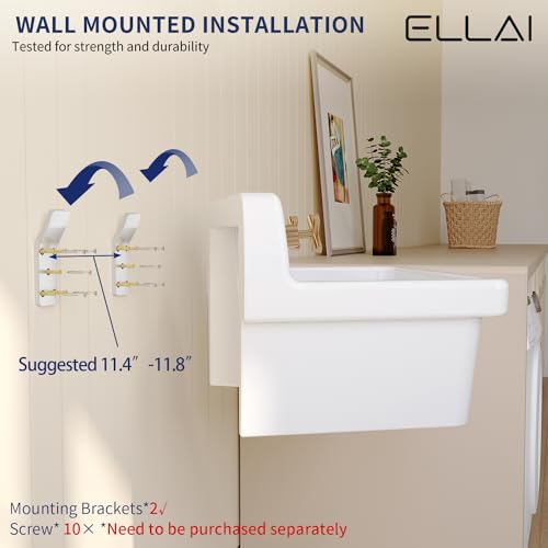 ELLAI White Ceramic Farmhouse Kitchen Sink 24"x19"x16.5" Farm Style Wall Mount Utility Sink High Back Floating Bathroom Sink Wall Mounted Laundry Sink with 8 Inch Center Faucet Chrome with Soap Tray