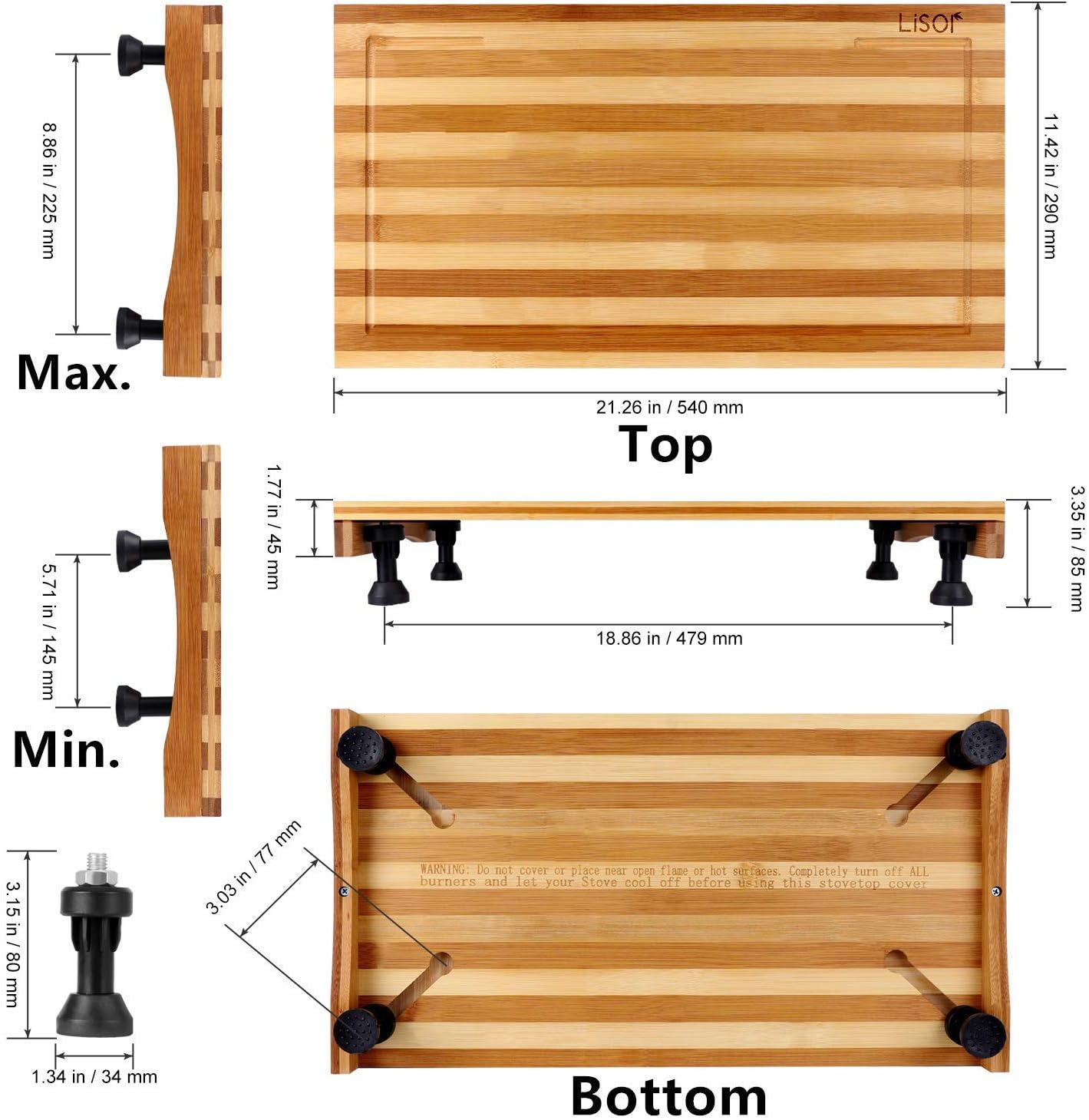 Bamboo Stovetop Cover&Countertop Cutting Board with Adjustable Legs, Dual-purpose Chopping Board for Electric Stove Burner, Workspace Block Cover for RV Camping Camper Gas Cook Top Cover