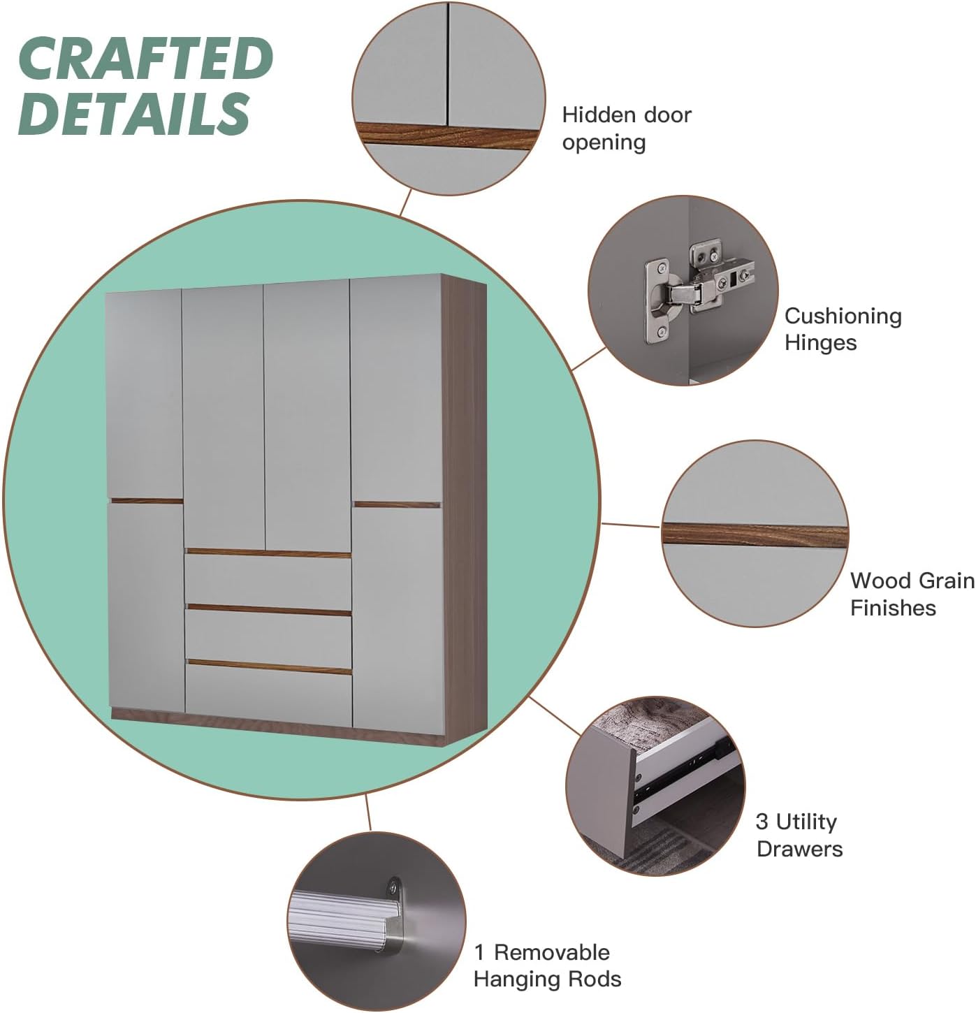 Wooden Armoire Wardrobe Closet, 4-Door 3 Drawers Gray Closet Cabinet for Large Capacity, Armoires and Wardrobes Closet for Hanging Clothes with Hanging Rod 63" L x 20.3" W x 72" H