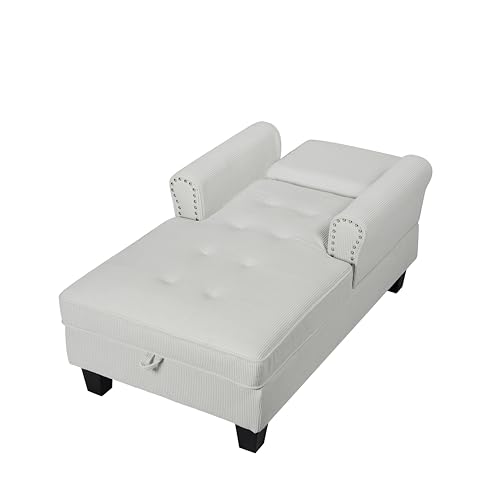 Corduroy Chaise Lounge with Storage, Indoor Sofa Bed Chair, Upholstered Lounge Chair for Bedroom, Living Room (Beige)