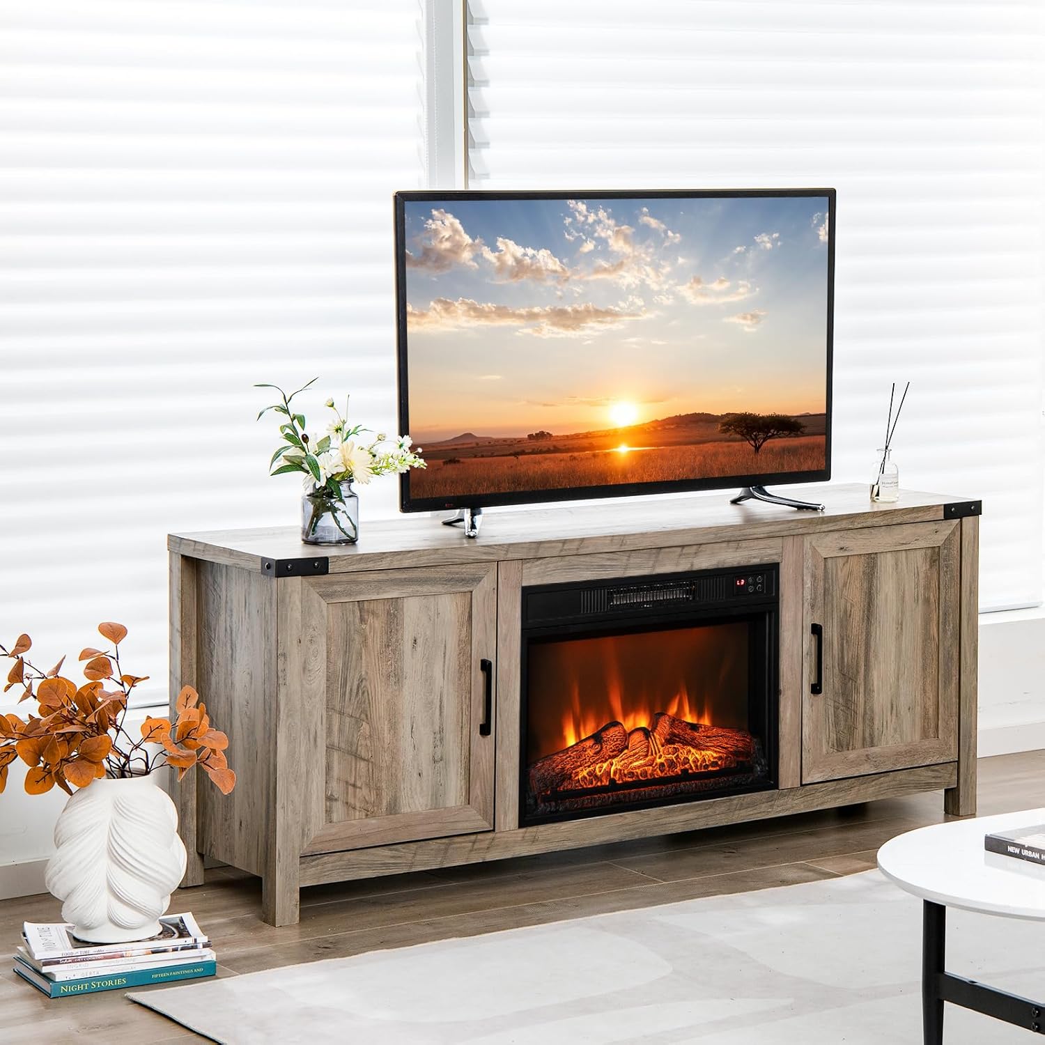 COSTWAY Electric Fireplace TV Stand for TVs up to 70 Inches, Farmhouse Media Entertainment Center Table with Storage Cabinets, Electric Fireplace TV Console with Remote Control for Living Room Bedroom