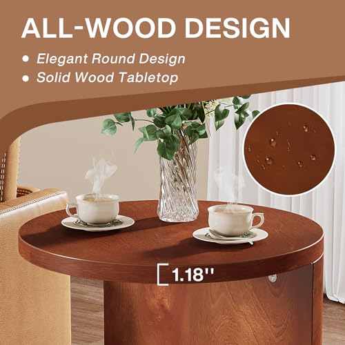 Tribesigns Solid Wood End Table, Set of 2, C-Shaped Round Side Table for Sofa, 2-Tier Couch Table for Small Space, Living Room, Easy Assembly, Walnut