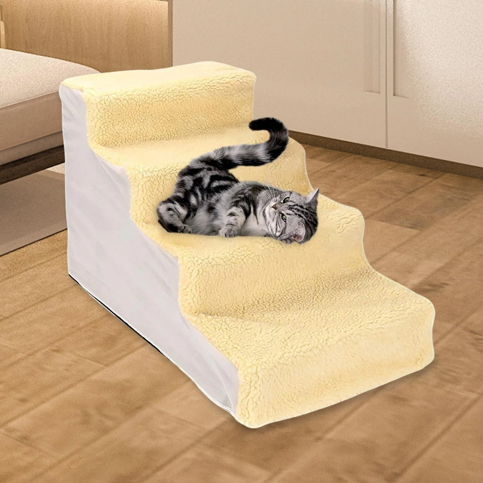 Portable Dog Stairs Ladder Ramp Warm Cover Non Slip Detachable Climbing Washable Stairs Step Pet Supplies for High Bed Indoor , Yellow