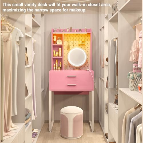 Small Vanity Desk with Hutch and Drawers, Pink Makeup Vanity Desk with Charging Station, Vanity Table Dressing Table with LED Lights, Vanity Desk No Mirror with Pegboard for Girls Women, 24"