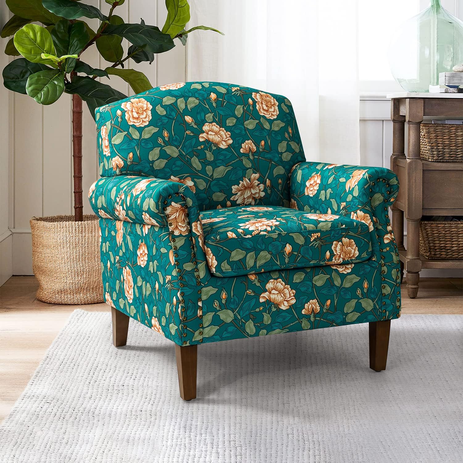 Modern Accent Chair With Wood Legs & Removable Cushion, Comfy Upholstered Armchair Nailhead Trim, Floral Design Single Sofa Cozy Club Chair For Reading Office Living Room Bedroom, Teal