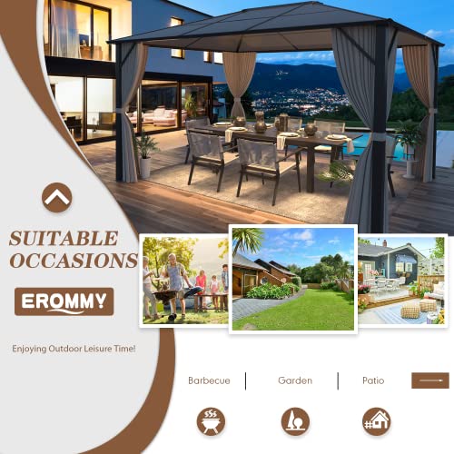 EROMMY 10' x 12' Hardtop Gazebo, Aluminum Frame Gazebos with Galvanized Steel Double Roof, Permanent Outdoor Metal Pavilion with Curtain and Netting for Patio, Lawn, Deck