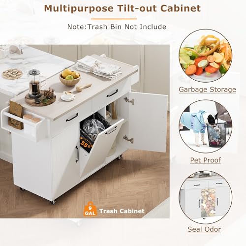 60" Kitchen Island with Drop Leaf and Power Outlet, Rolling Kitchen Cart on Wheels with Trash Can Storage Cabinet, Spice Rack, Towel Rack and Adjustable Shelf for Dining Room