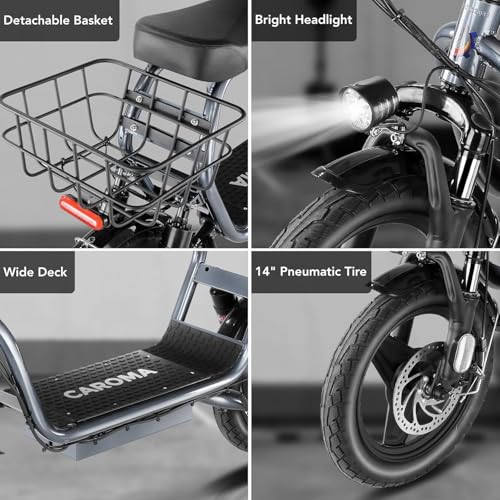 Caroma Peak 1200W Electric Scooter with Seat, 14" Fat Tire Electric Scooters for Adults, 500Wh Battery up to 30 Miles&20MPH, Foldable Adult Electric Bike for Commuting with Basket&Shock Absorbing