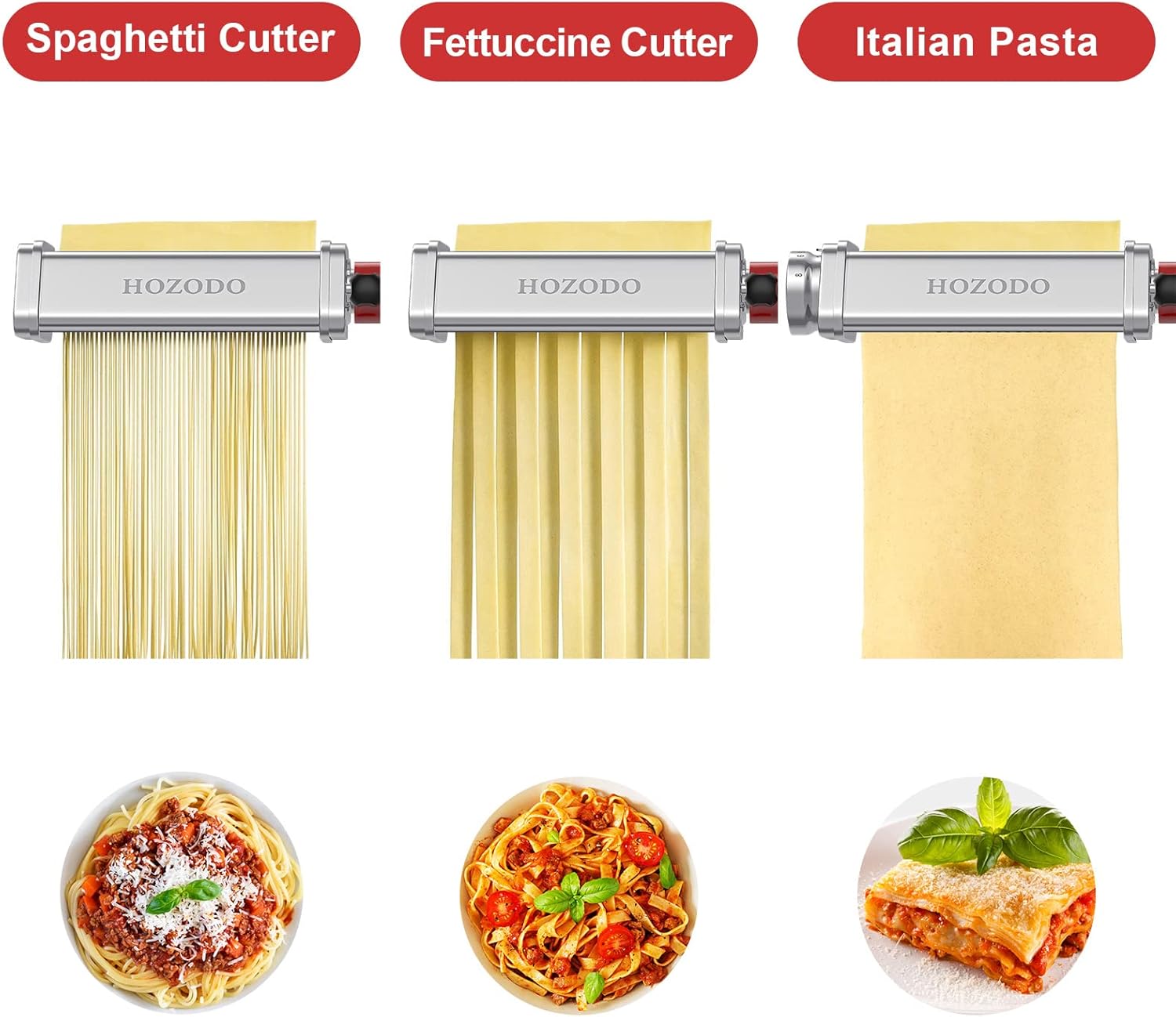 Pasta Attachment for KitchenAid Mixer, Includes Pasta Sheet Roller, Spaghetti Fettuccine Cutter, 3Pcs for Pasta Attachment by HOZODO