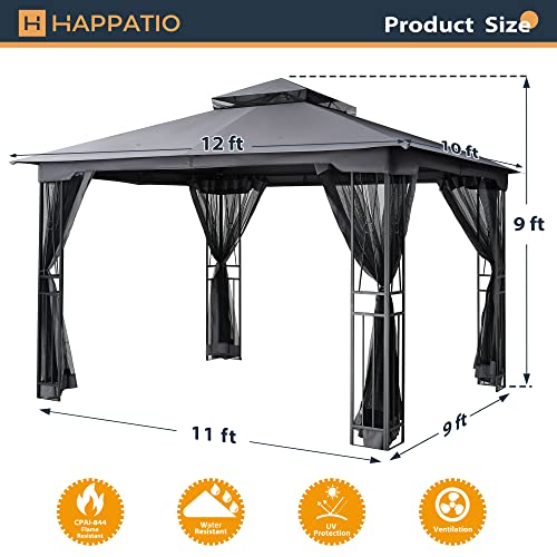 HAPPATIO 10' X 12' Outdoor Patio Gazebo, Outdoor Canopy Gazebo for Garden,Yard,Patio with Ventilation Double Roof with Mosquito Netting,Dark Brown