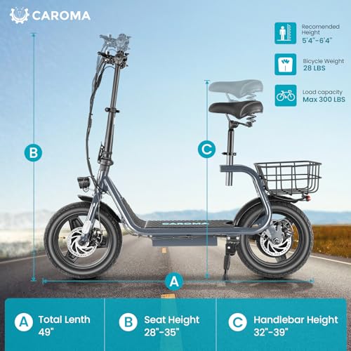 Caroma Peak 500W/800W/1200W Electric Scooter with Seat, Max 15/20/30Miles Range&20MPH, 14" Tires Foldable Adult Electric Scooter with Basket for Pets & Cargo, Dual Shock Absorbing Ebike for Commuting