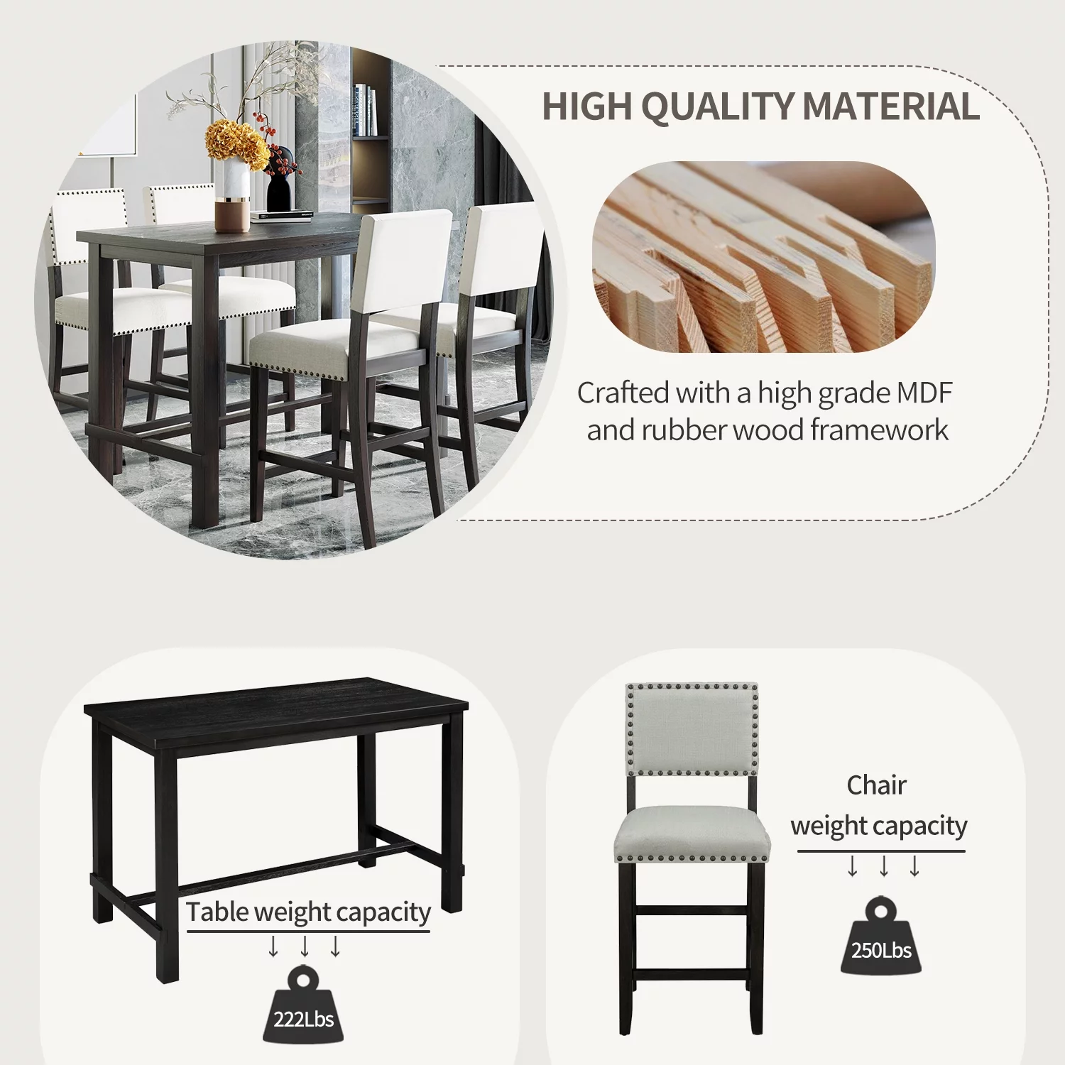 Bellemave Dining Table Set for 4, 5 Piece Counter Height Table Set with One Rectangle Table and 4 Cushioned Chairs, 5 Piece Dining Kitchen Table Set (Espresso and Beige)