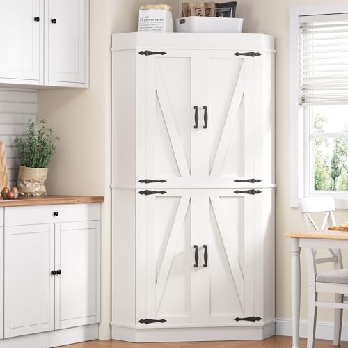 Corner Cabinet, Kitchen Pantry Cabinet, Storage Cabinet with 4 Doors and Shelves, Kitchen Cabinet, Pantry Cabinet, Tall Food Pantry Storage Cabinet Farmhouse Furniture for Kitchen Dining Room, White